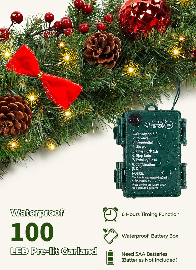 Christmas Garland with Lights, 9Ft Prelit Garland, 8 Light Modes & Timer