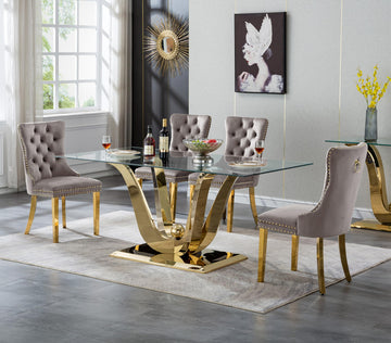 Gold Glass Dining Table Set with 4 Grey Velvet Chairs, Floral Base