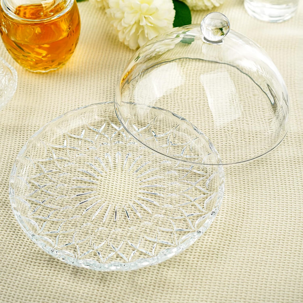7'' Glass Cake Plate with Dome, Clear Cake Stand with Lid - Set of 2
