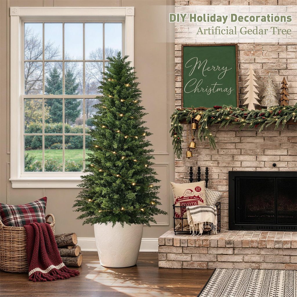 5ft Artificial Cedar Topiary Tree, Set of 1 Realistic Faux Evergreen Shrub Plant in Planter, Indoor Outdoor Fake