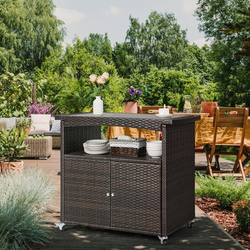 Outdoor Storage Cabinet,Outdoor Cabinet Outdoor Bar Cart with Rolling Heels Patio Bar Table with Storage Wicker