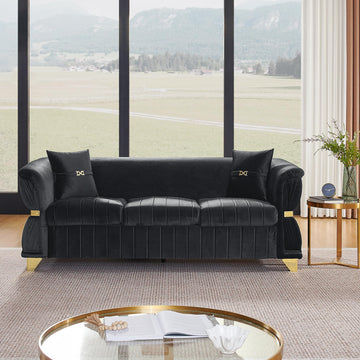 84" Luxury Oversized Chesterfield Sofa with 2 Pillow & Gold Stainless Decoration, Modern 3-Seater Couch with Rolled