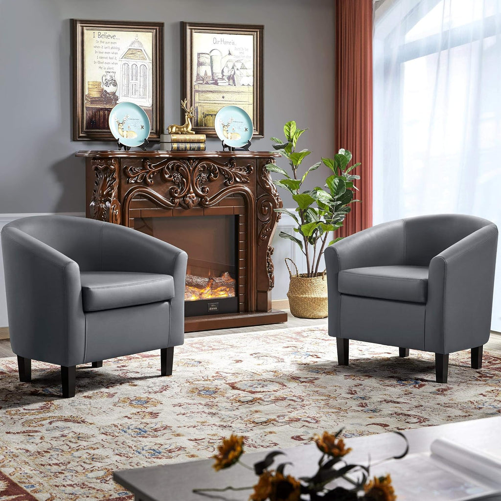 Accent Chairs, Faux Leather Barrel Armchairs Gray - Set of 2