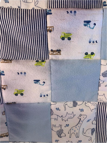 Baby Boy Quilt, Crib Size in Blue, Construction Trucks, Stars, Washable Flannel