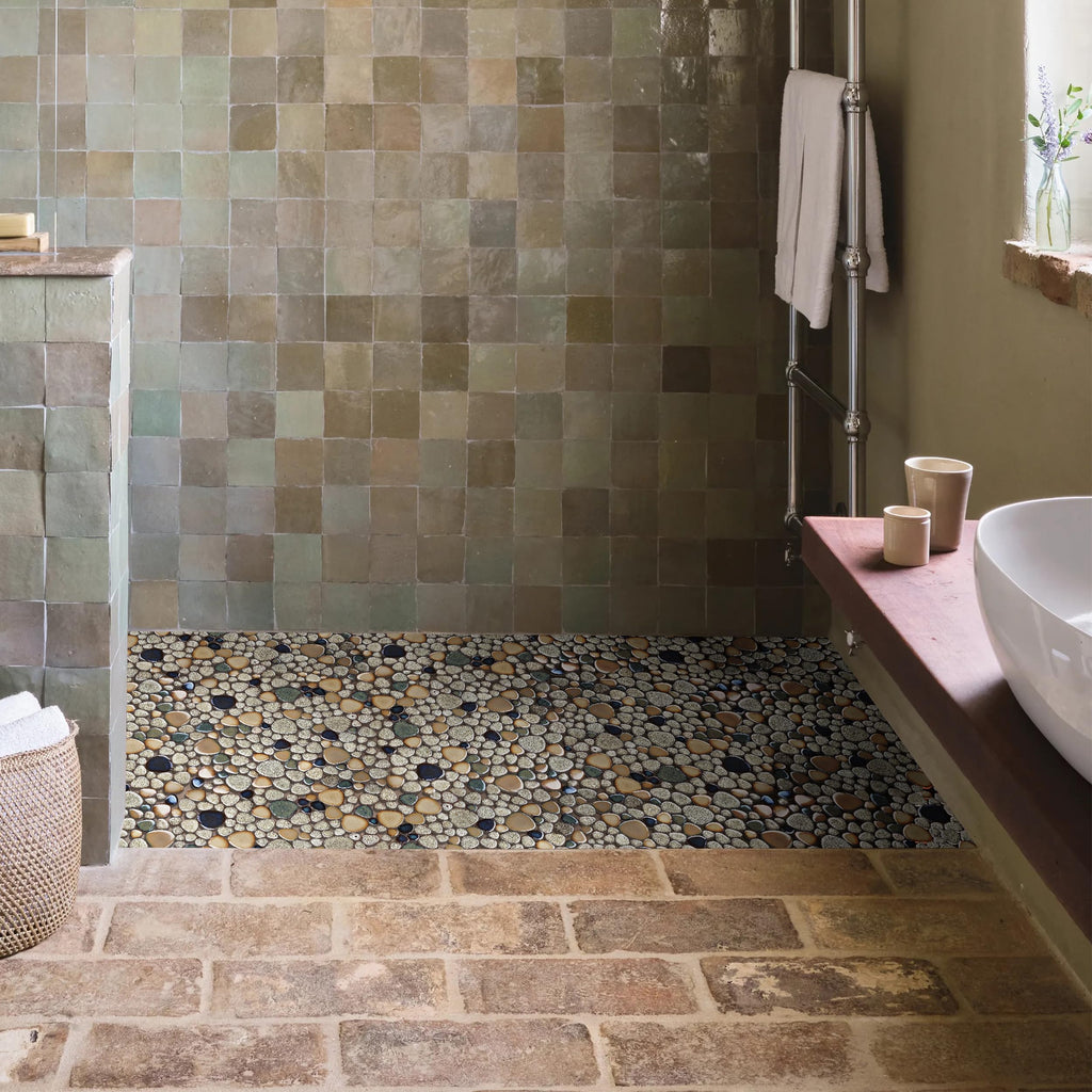 Pebble Stone Mosaic Tiles 5 Sheets, Beige Tan Brown Ceramic Mosaic Sheets Mesh Mounted 12x12, Glazed Porcelain Tile