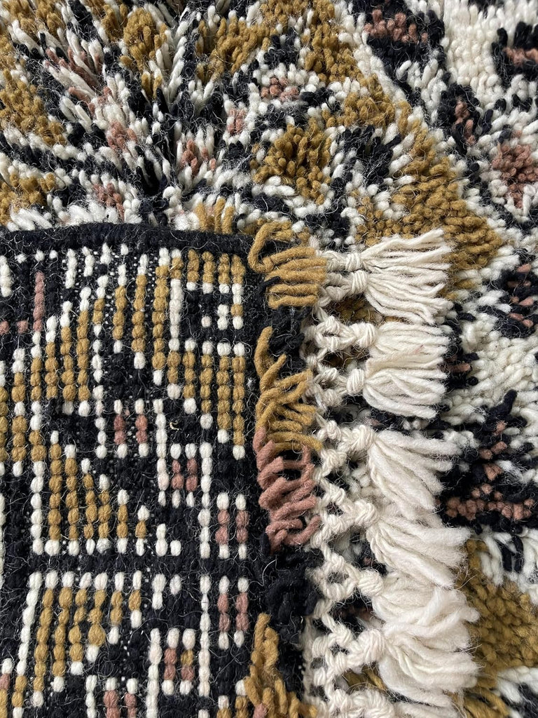 Wool Rug 6' x 9' - Handmade Berber Shag Area Rug, Ochre and Cream Traditional Diamond Pattern, Atlas Artisan Wool