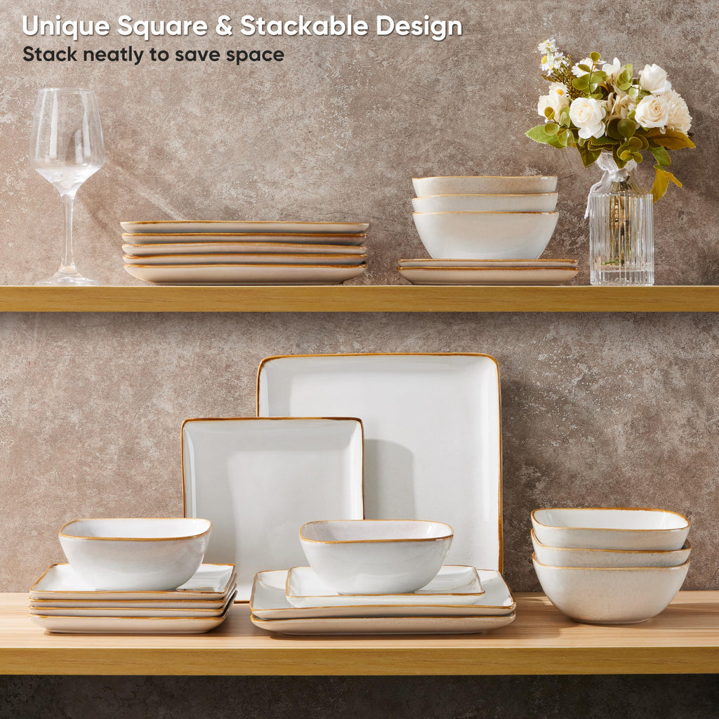 Square Dinnerware Sets for 8, 24-Piece Stoneware Plates and Bowls Dishes Set, Reactive Glaze Porcelain Dishware Sets
