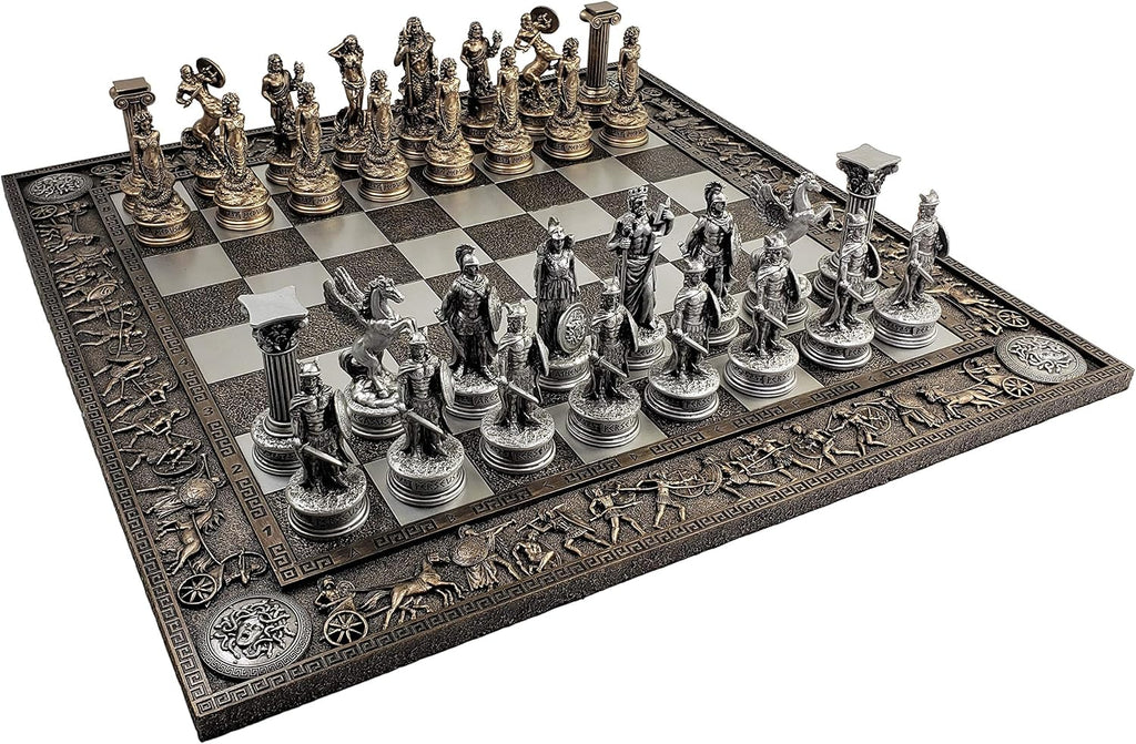 Greek Mythology Olympus Gods Zeus vs Poseidon Pewter and Bronze Color Chess Set with 17" Greek Board - Set of 32