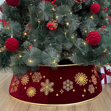 28-Inch Velvet Burgundy Christmas Tree Collar with Embroidered Snowflakes, Foldable Tree Ring Base Cover for 5-7 ft