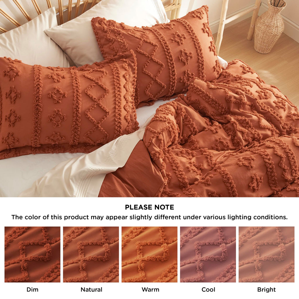 Boho Duvet Cover Queen, Tufted Embroidery, 3-Piece, Terracotta