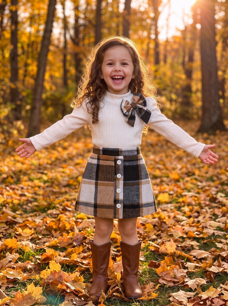 Toddler Girl Plaid Outfit Knit Top Skirt Set Fall Winter Clothes