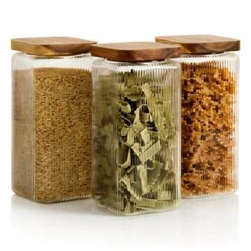Ribbed Glass Square Jar with Wooden Lid 58fl.oz - Set of 3 | Airtight Fluted Storage Canister for Food, Pasta