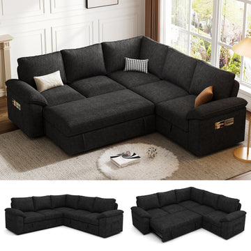 85'' Modular Sectional Sofa with Pull Out Bed, Sleeper Sofa, Black