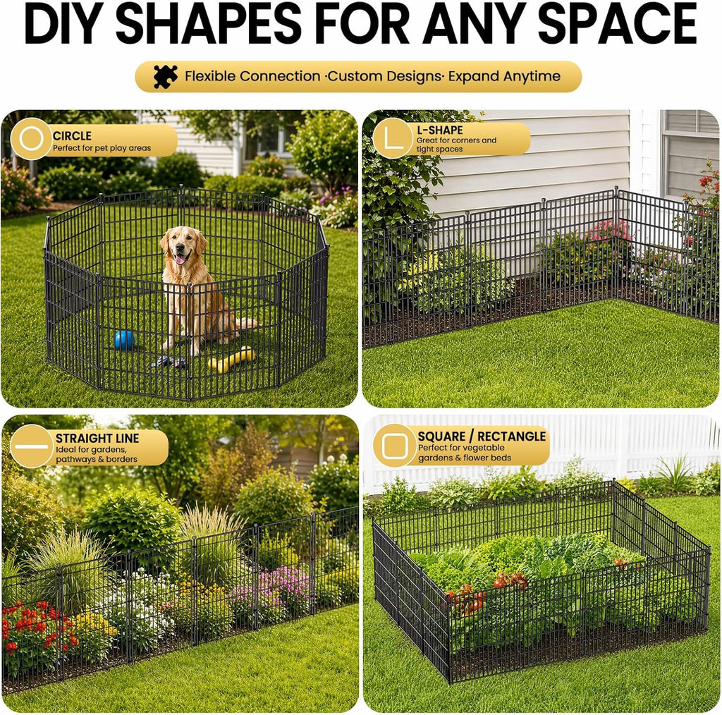 8 Panels No Dig Garden Fence with Gate, 48in(H) × 21ft(L) Decorative Metal Outdoor Dog Fence, Rustproof Pet Fencing