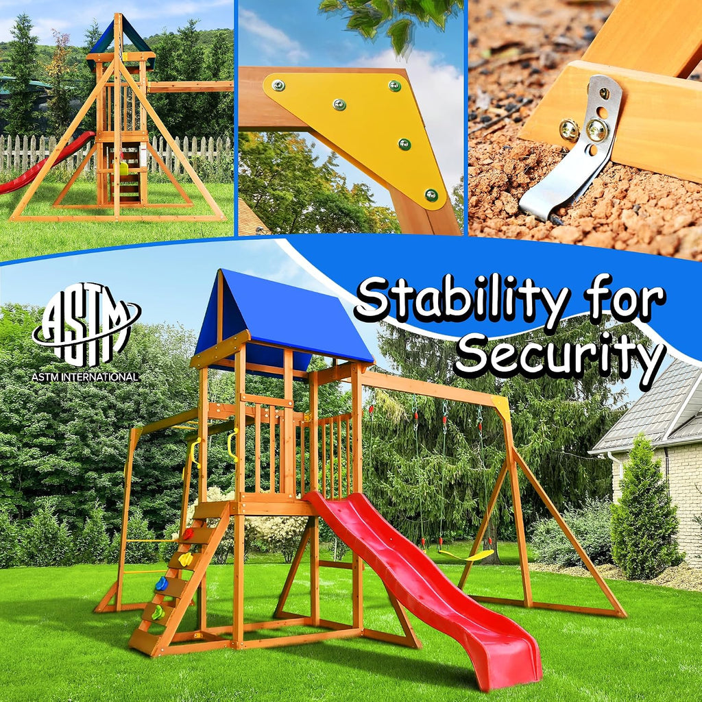 Wooden Swing Sets for Backyard | Outdoor Playground Set with Monkey Bars, Wave Slide, 2 Belt Swings, Climbing Ladder