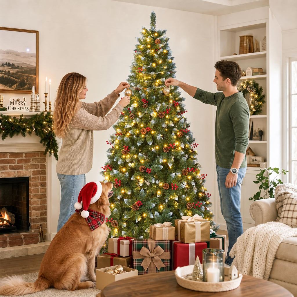 7.5FT Pre-Lit Artificial Christmas Tree with Pine Cones and lights