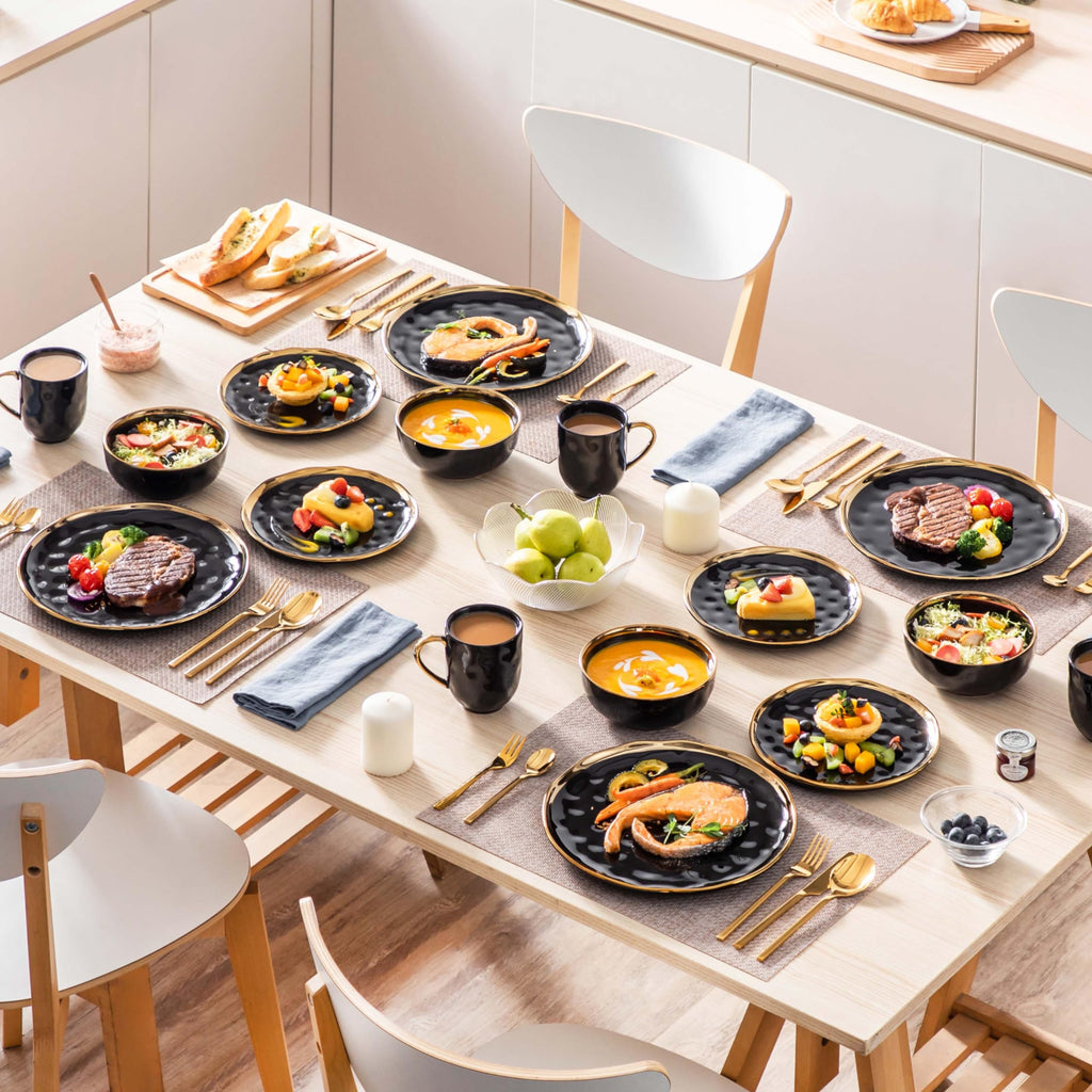 16 Pieces Plates and Bowls Sets, Porcelain Black and Gold Dinnerware Sets, Round Dinner Plates Dishes Set Service for