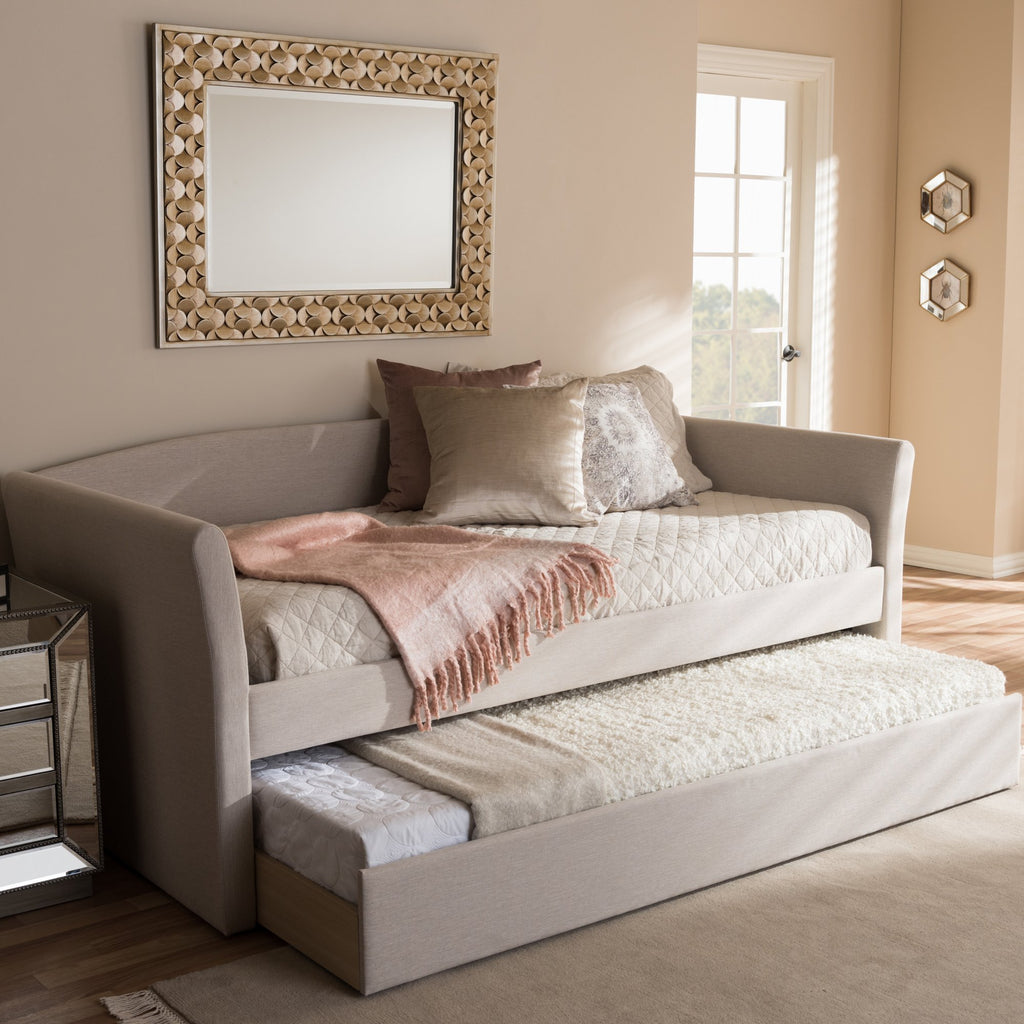 Camino Modern and Contemporary Beige Fabric Upholstered Daybed with Guest Trundle Bed