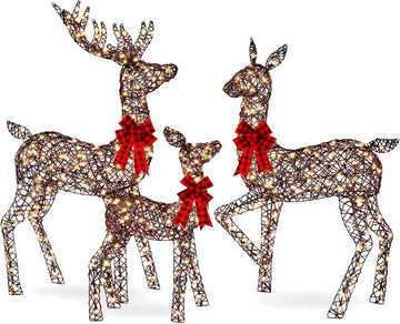 3-Piece Large Lighted Christmas Deer Family Set 5Ft Outdoor Yard Decoration with 360 LED Lights, Stakes, Zip Ties