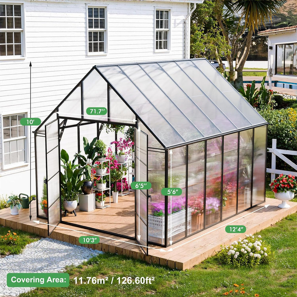 12.4x10.2x10 FT Greenhouse for Outdoors,Easy Assembly Large Polycarbonate Greenhouse Aluminum Heavy Duty Greenhouses