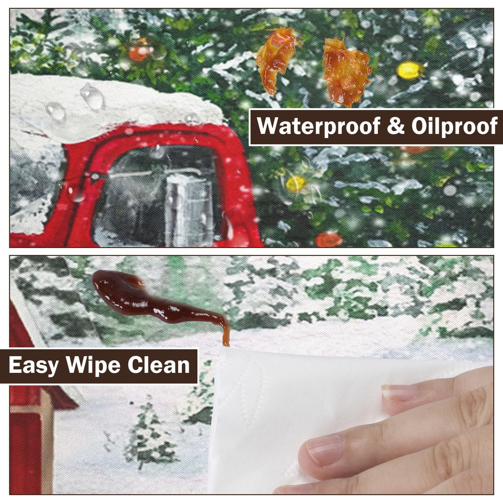 Christmas Round Fitted Tablecloth with Elastic Edge, Water-Resistant Wipeable Winter Snow Red Truck Farmhouse Xmas