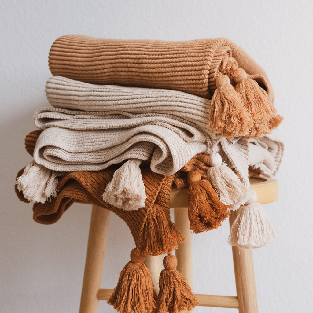 100% Soft Cotton Textured Raised Stripes Rib Knit Throw Blanket with Tassels (Baked Clay)