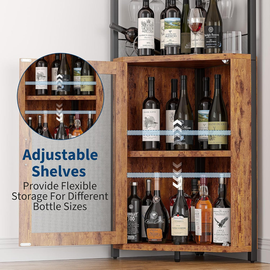 Corner Bar Wine Cabinet with LED Lights, 5-Tier Industrial Wine Cabinet with Glass Holder, Modern Liquor Cabinet with