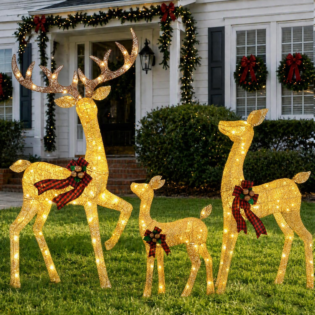 4.83FT 3-Piece Large Lighted Christmas Deer Family Set Gold