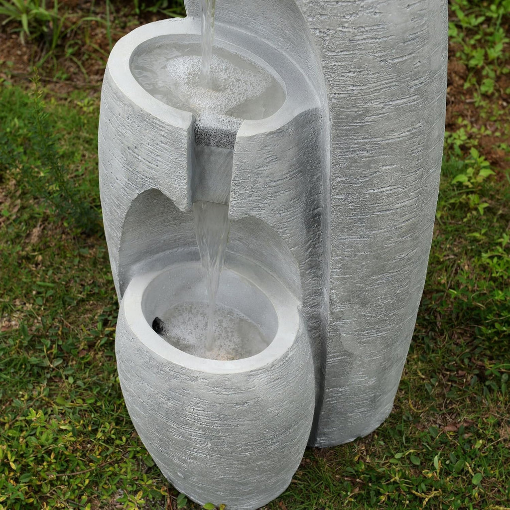 3-Tier Cascading Urn Outdoor Water Fountain - Warm Glow Lighting with Adjustable Flow & Electric Pump, Gray