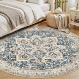 8' Round Area Rug Living Room Rugs - Washable Boho Rug Vintage Oriental Distressed Farmhouse Large T