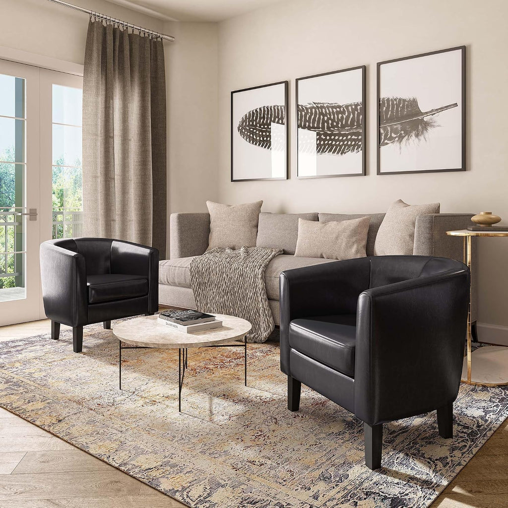 Accent Barrel Chair Faux Leather Round Club Tub Sofa Corner Chair with Flared Legs and Cozy Soft Padding - Set of 2
