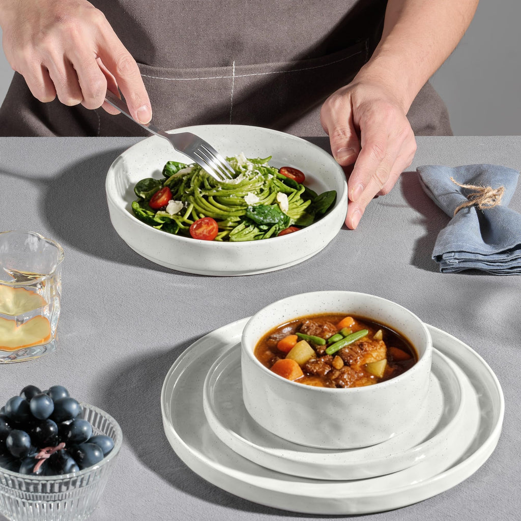 Stoneware Dinnerware Set, 8-Piece White Plates and Bowls Sets for 2