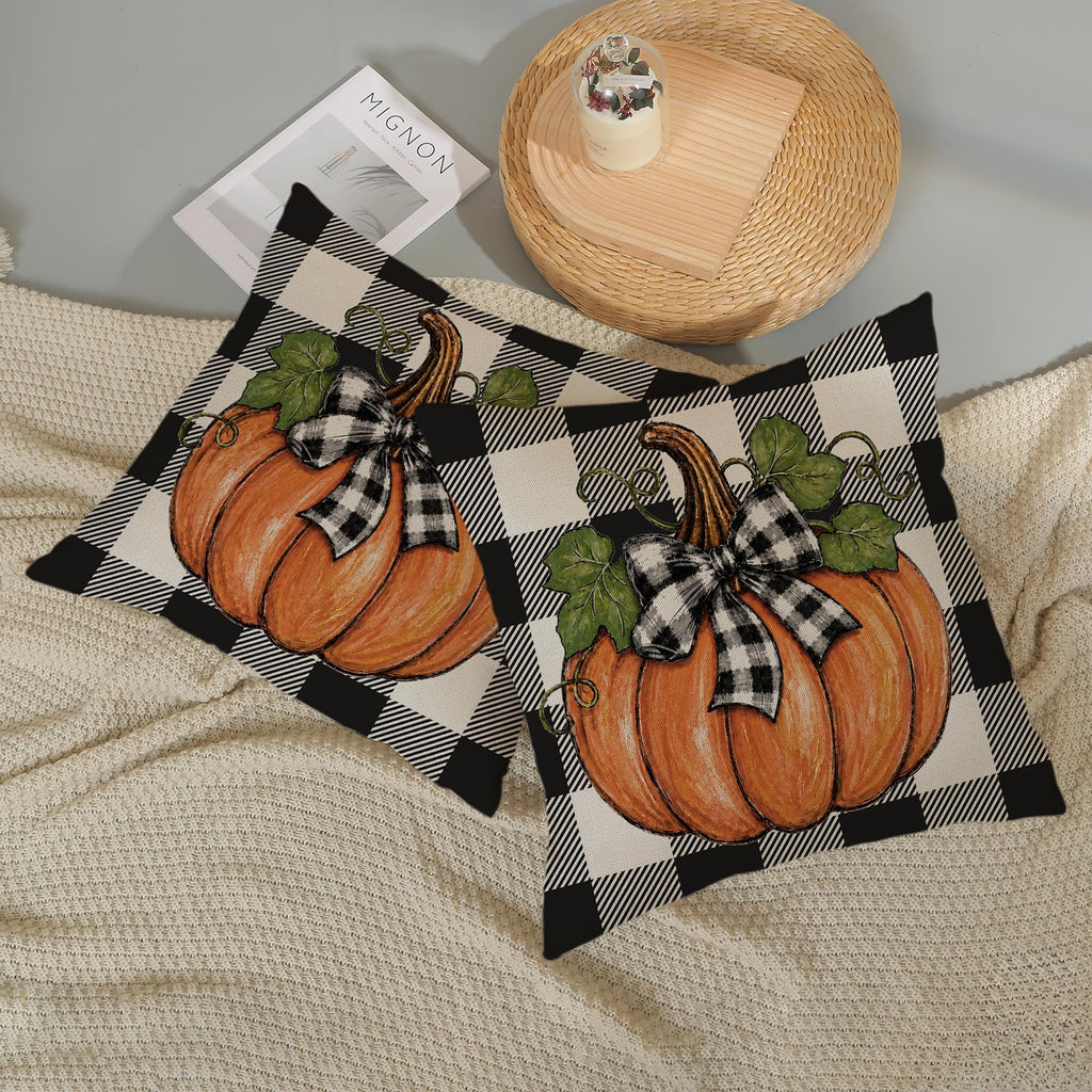 Fall Orange Pumpkin Buffalo Plaid Pillow Covers 20x20 Set of 2