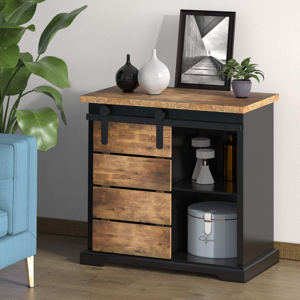 Sideboard Coffee Bar Cabinet, Modern Farmhouse Buffet Station Sliding Barn Door Storage Credenza Console with Slat and