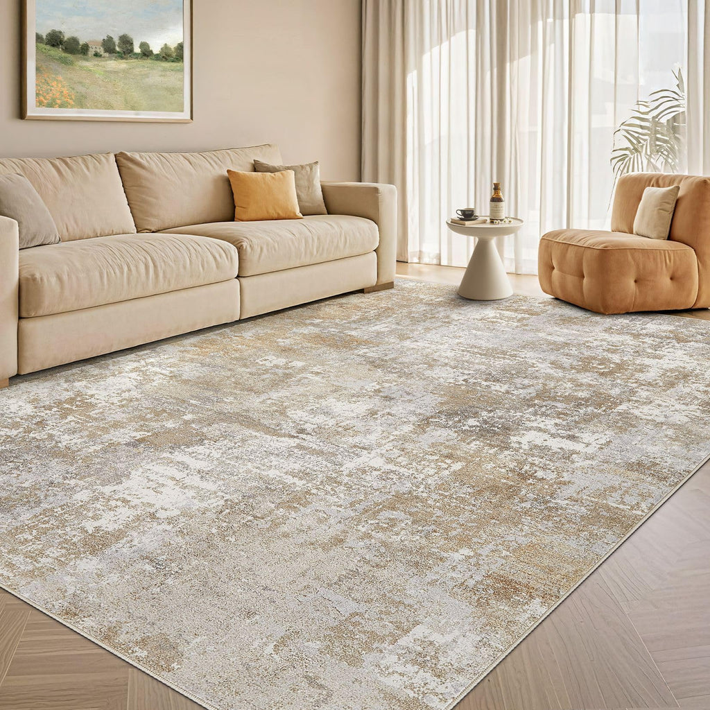 Washable 12x15 Area Rug : Modern Abstract Neutral Large Soft Thin Rugs - Non Slip Indoor Carpet Dining Room Office
