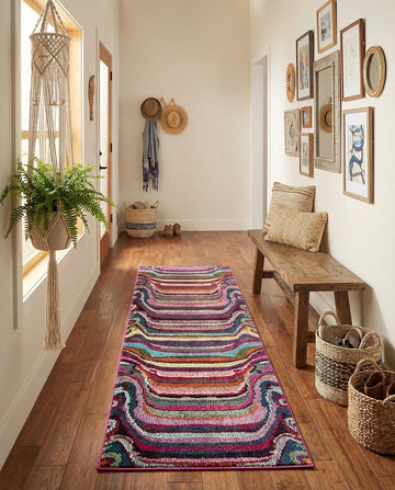 Theia Rug - 7 Ft Runner Multi Washable Runner Rug - Vibrant Modern Stripes s and Playrooms