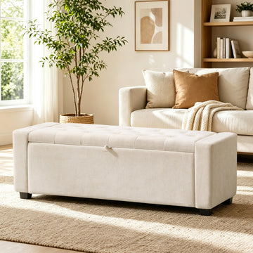 48" Ottoman with Storage, Tufted Linen Storage Ottoman Bench, Beige