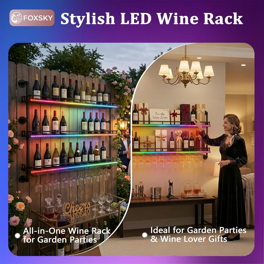48 Inch Industrial Pipe Wine Rack Wall Mounted with LED Light | 2 Tier Floating Bar Shelves Wine Bottle Display Shelf