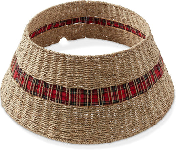 32-Inch Christmas Tree Collar, Seagrass Woven Farmhouse Tree Base Cover with Cord Cut Out, Natural