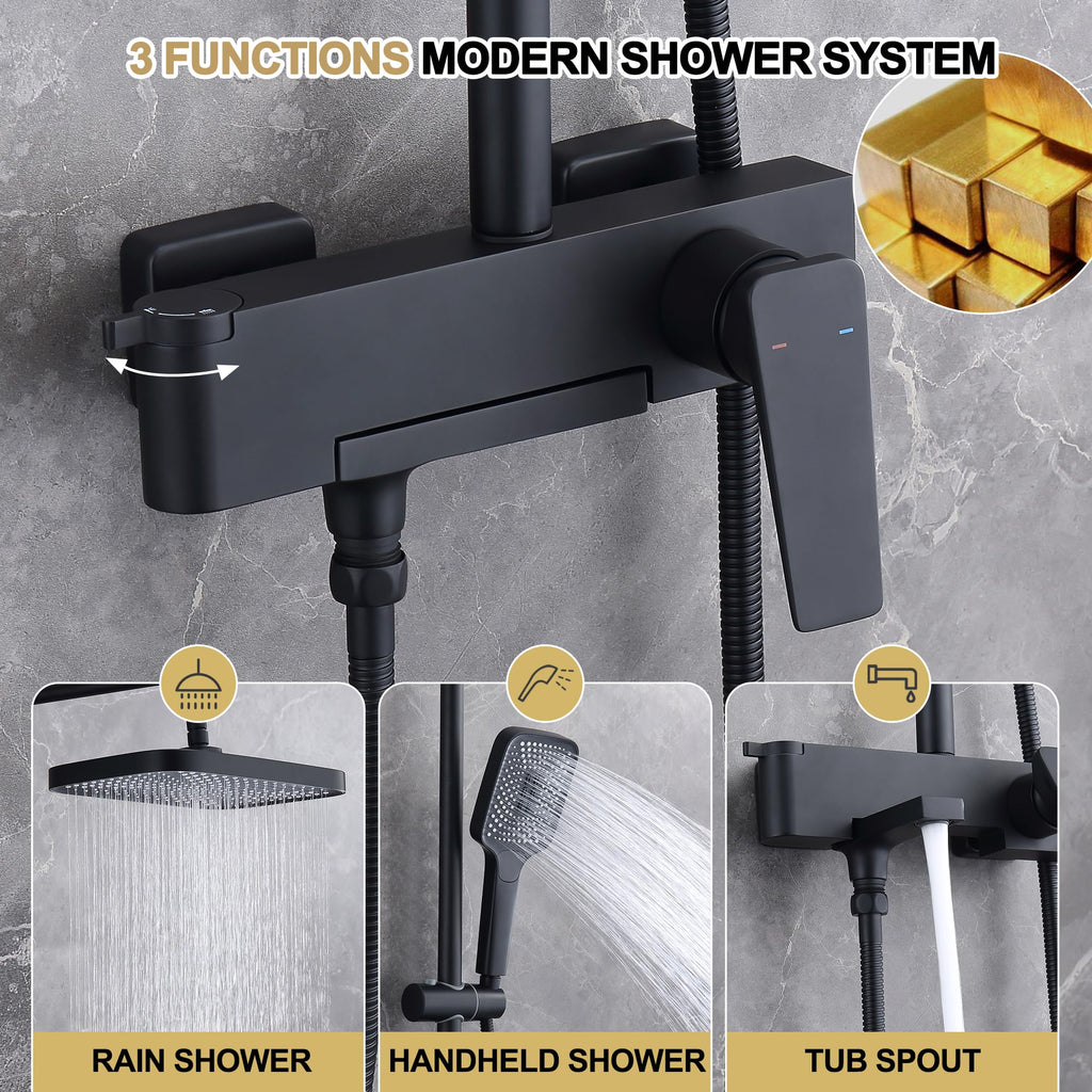 Shower Systems with 12 x8 Inches Rain Shower Head, Matte Black Exposed Pipe Shower System,3 Functions Tub Shower