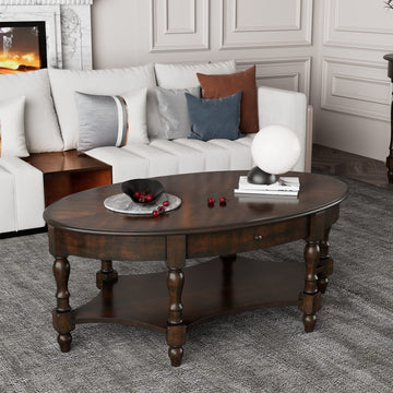 Oval Coffee Table, 2-Tier Solid Wood Table with Storage Drawer, Victorian Antique Ellipse 45" Wx27.6 Dx18.2 H, Easy
