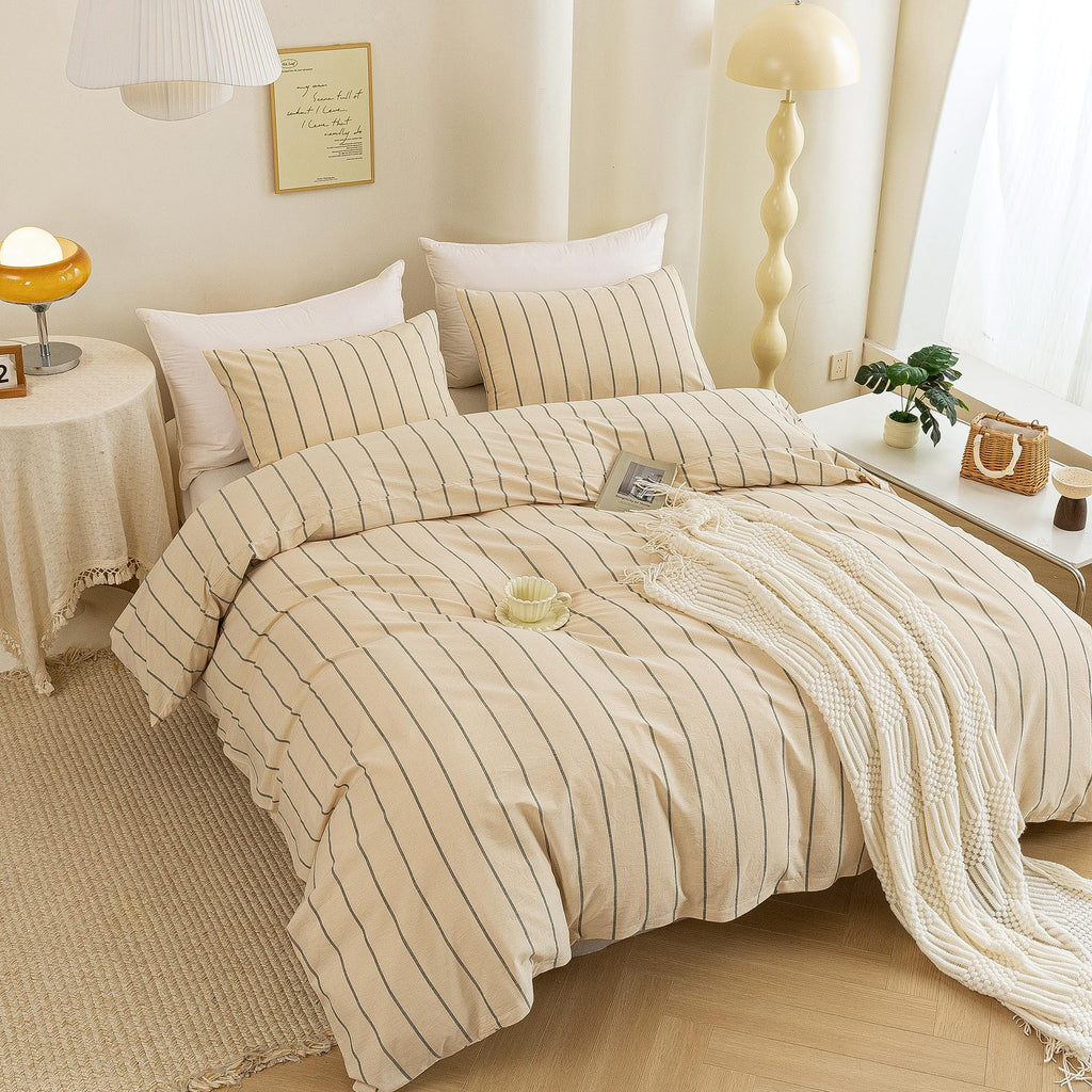 Cotton 3 Pcs Duvet Cover Set Linen Feel Vertical Stripe Queen