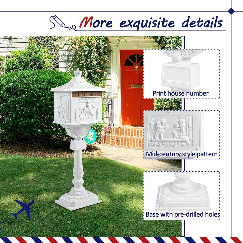 Cast Aluminum Mailbox, White Lockable Postal Box with Keys, Heavy Duty Vertical Letter Box Yard