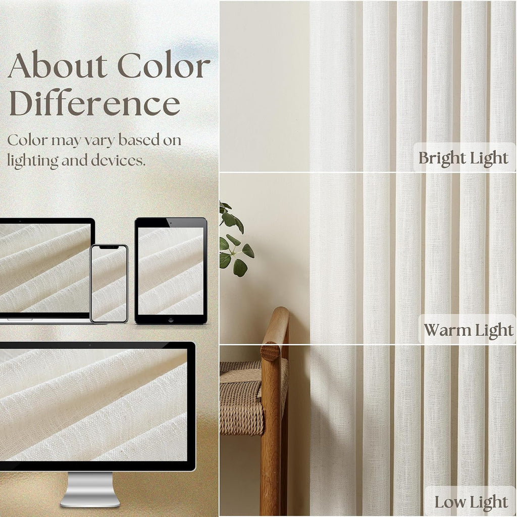 Natural Pinch Pleated Linen Curtains 84 Inch Length 2 Panels for Living Room Bedroom Textured Cream Ivory Birch Semi