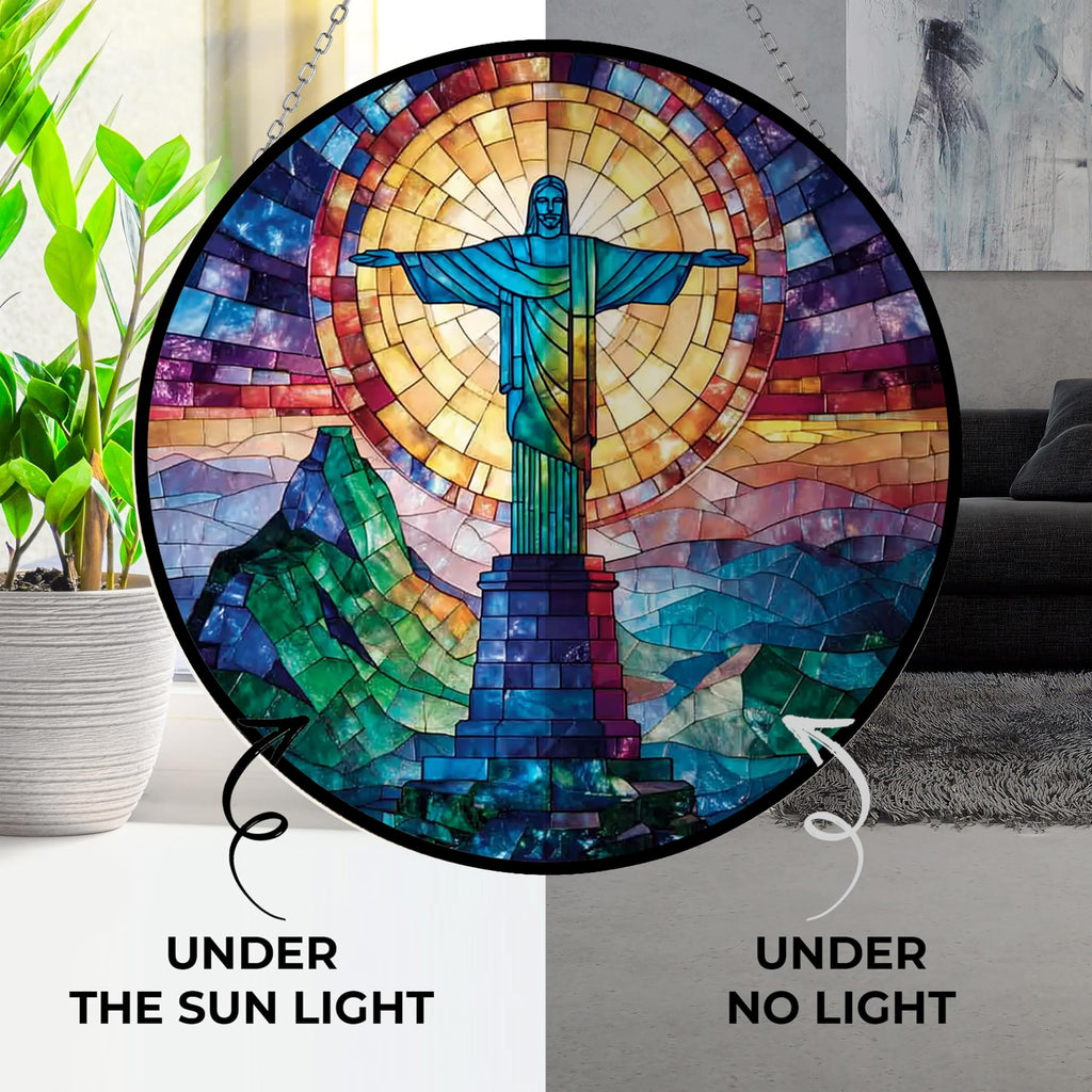 Christ The Redeemer Stained Glass Window Hanging Customized Suncatcher 12" Glass Panel with Metal Chain Sun Catchers