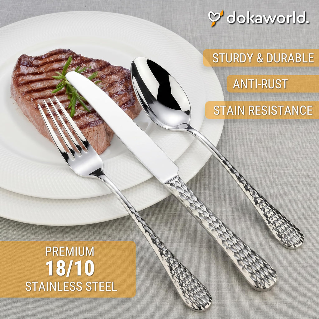 Stainless Steel Flatware - Hammered Design 40 Piece Cutlery Set