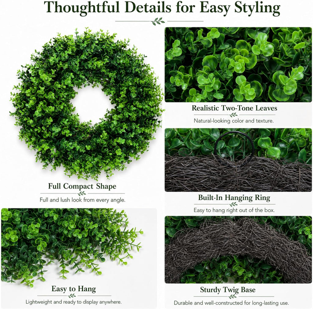 24 Inch Boxwood Wreath for Front Door, Artificial Greenery Wreath, Large Faux Boxwood Door Wreath, Waterproof UV