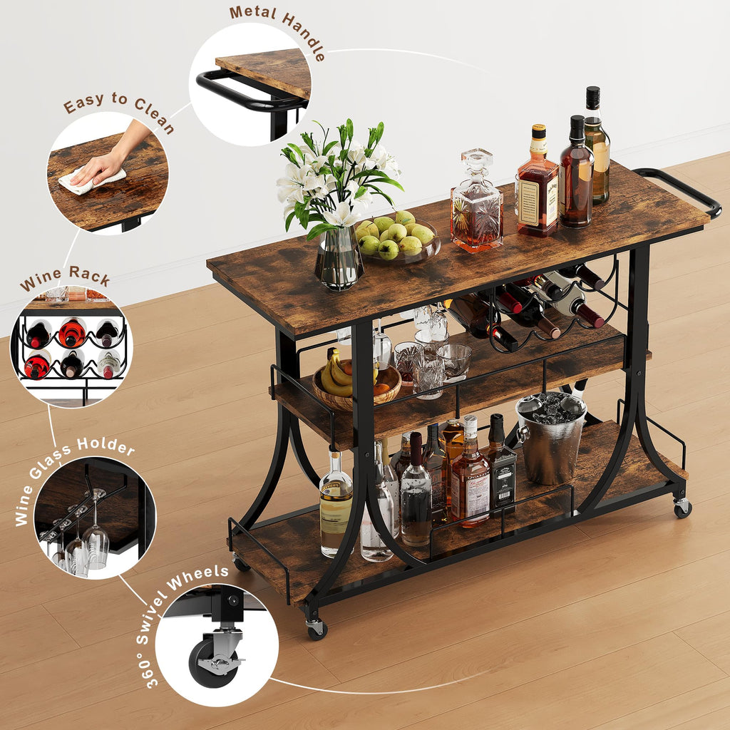 3-Tier Rustic Wooden Bar Cart with Wheels
