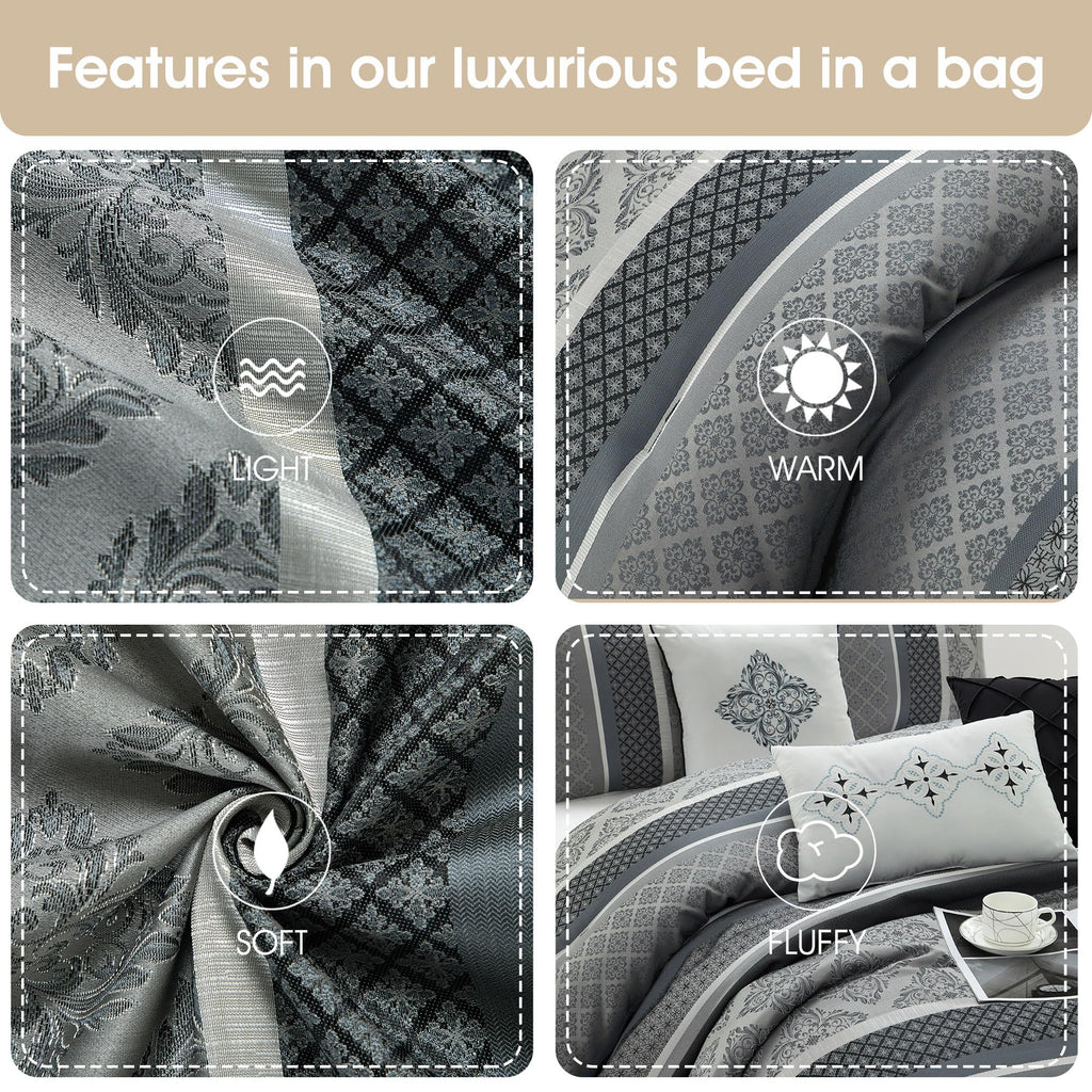 Jacquard 7 Piece Comforter Set, Grey, Bed Size Queen, Geometric Bedding Set, Matching Shams, Bedskirt, Decorative