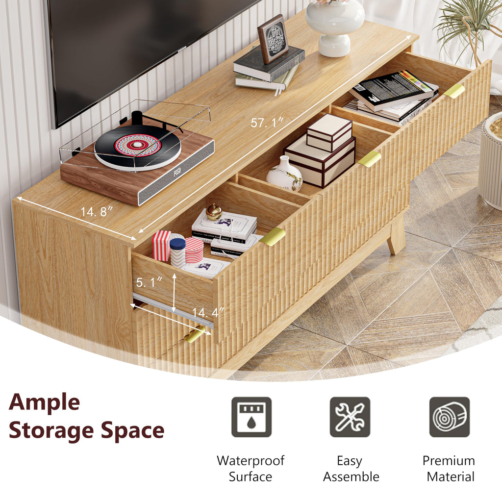 Oak Dresser 9 Drawer Dresser, 57''Wide Fluted Wooden Dresser Storage Cabinet and Chest of Drawers with Metal Handle